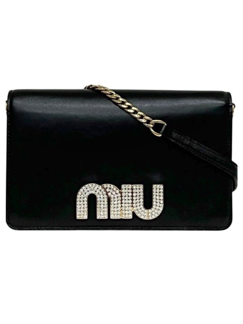 Miu Miu Miuchain Wallet on Chain Shoulder Bag Miu Miu Leather Rhinestone Nero